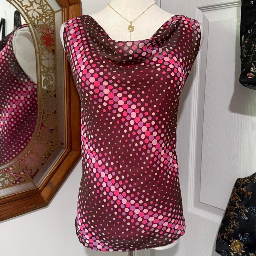 Y2K Venezia Pink & Dark Brown Polka Dot Mesh Sleeveless Cowl Neck Top 14/16